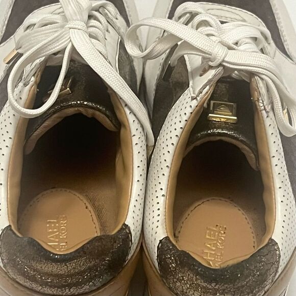 Michael Kors Leather Canvas Sneakers Women’s Sz 7 White Designer Casual Sporty - Picture 10 of 14